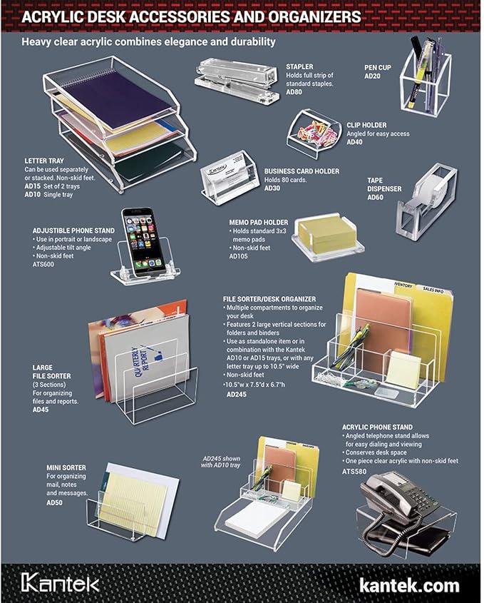 Kantek Clear Acrylic File Sorter/Desk Organizer, Multiple compartments, 2 Large File Sections, 10.5" x 7.5" x 6.7", Fits on any 10.5" Tray, Office Organizer, Desk Accessory