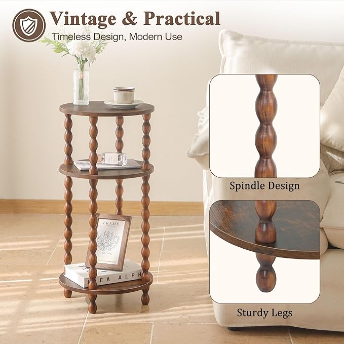 AWASEN Small Side Table, 3-Tier Round End Table for Small Spaces, Modern Bedside Table Nightstand for Bedroom, Living Room, Office, Rustic Brown