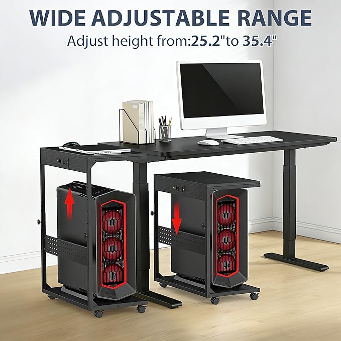Adjustable Computer Tower Stand with Charge Station,Heavy-Duty Rolling PC Stand, CPU Tower Cart with Wheels for ATX Gaming Computer,Under Desk Holder,Black