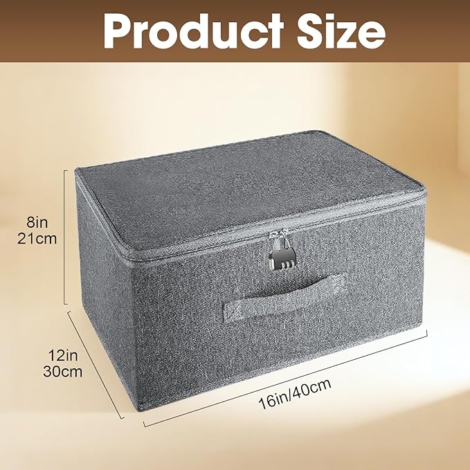 Lockable Storage Box, Organizer Bag Bins Case, Box with Lock, Boxes Storage, Lockable Box, Foldable Fabric Box with Handles, Storage Box with Lid for Clothes, Clothes Storage (16 x 12 x 8 inches)