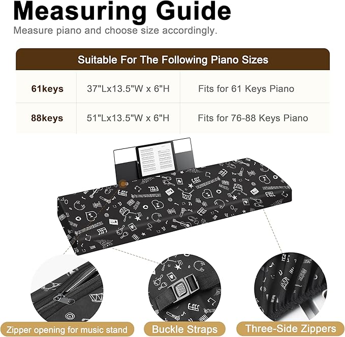 88Keys Piano Keyboard Dust Cover - Dirt Proof Stretchy Digital Piano Cover with Music Stand Opening(Music Symbols)