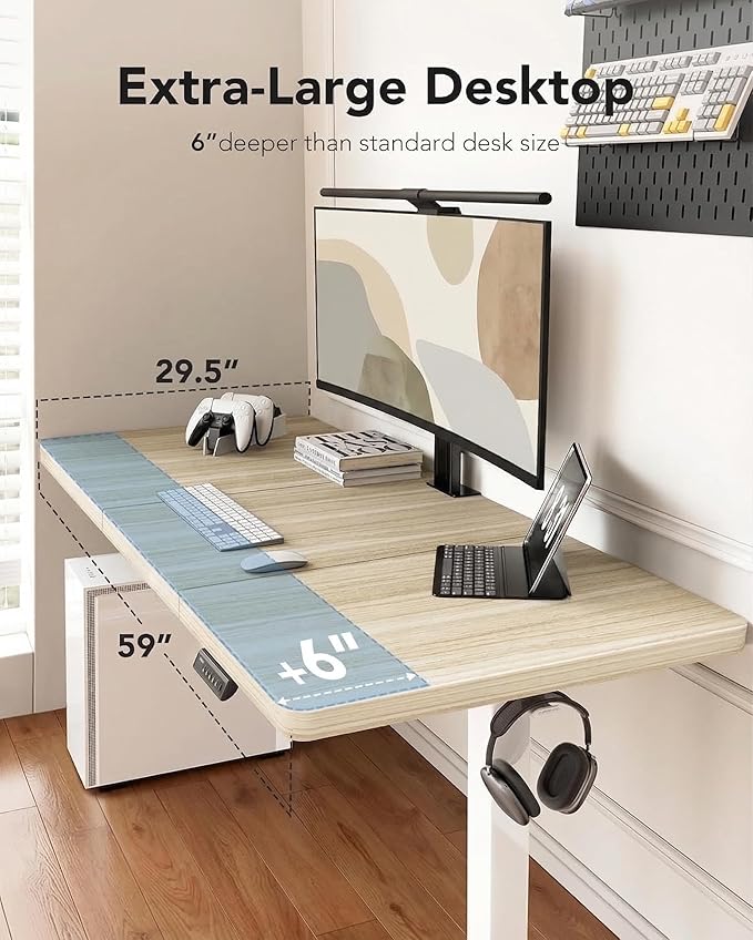 HUANUO 60 x 30 inch Large Standing Desk, Powerful Brushless Motor Large Height Adjustable Table, 4 Memory Preset Stand Up Work Station Sit Stand Desk, Home Office with Thick T-Shaped Frame,Natural