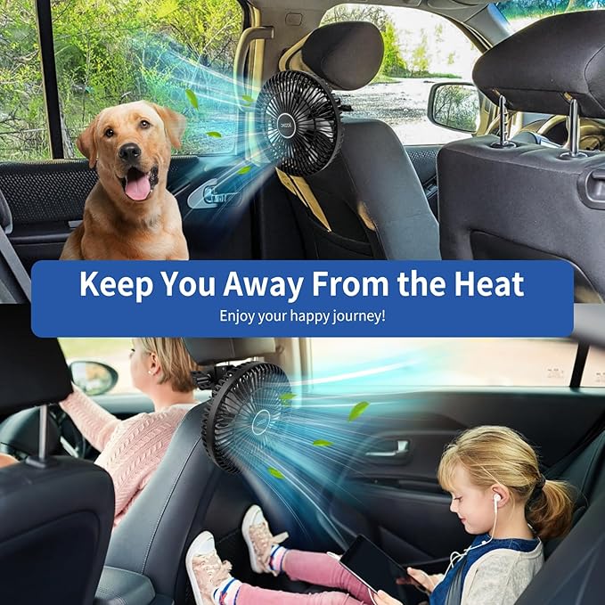 XOOL Clip Car Fan, 9 Inches 12V/24V Fan, 360° Rotatable Electric Cooling Clip on Fan with Stepless Speed Regulation for SUV, RV, Truck