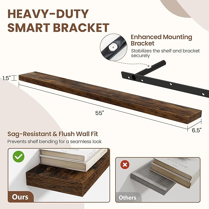 Acovy 55 Inch Floating Shelves for Wall 2 Pack, 55" Wall Shelves for Books, Storage, Decor, Wall Mounted Floating Shelf with Invisible Brackets for Kitchen, Living Room, Brown