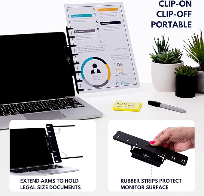 Note Tower Monitor Document Paper Holder for Typing | Clips to Laptops & Desktop Monitors I Reduces Eye & Neck Strain | Portable Copy Holder for Desk | Sticky Note Stand & Monitor Memo Board | Black