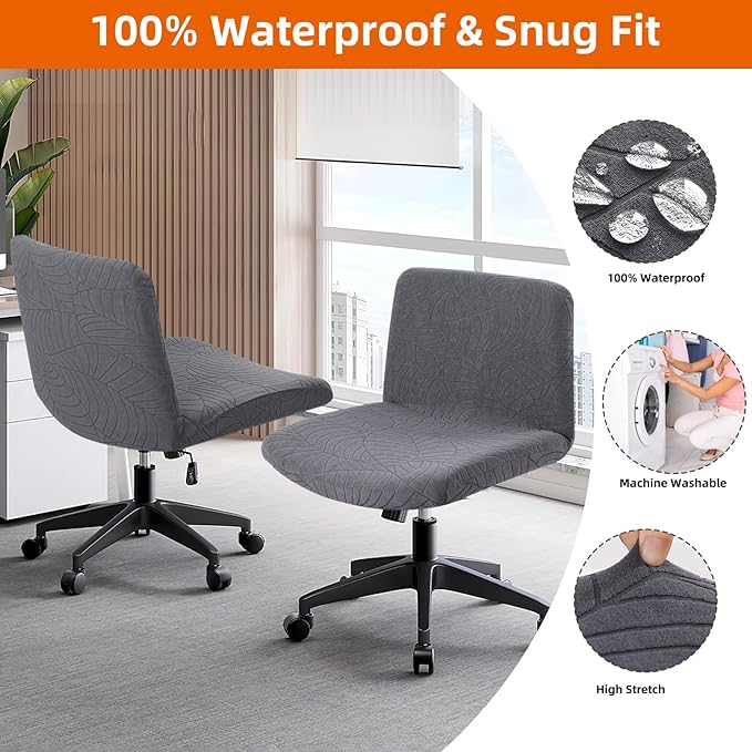 Fuloon Criss Cross Chair Cover, Waterproof, Stretchable, Solid Jacquard, Suited for Armless/Office/Desk/Mid Back Wide Seat/Computer/Task/Vanity/Accent Chair (Leaves -Shaped Jacquard, Dark Grey)
