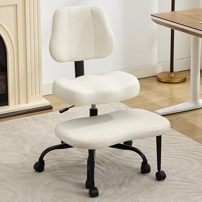 Ergonomic Criss Cross Legged Office Chair, ADHD Chair, Wide Height Adjustable Seat 360° Swivel Footstool with Wheels, Teddy Fabric Meditation Kneeling Chair, for The Restless Home Workers, White