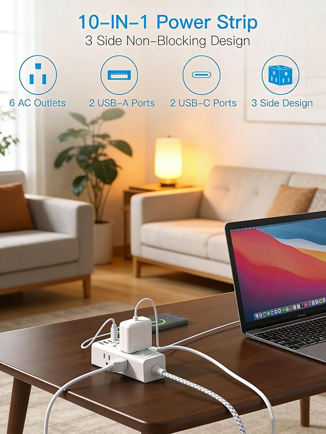Flat Plug Extension Cord 20Ft, One Beat 900J Surge Protector Power Strip 20 Ft Cord with 6 Widely Outlets 4 USB Ports (2 USB C), Wall Outlet Extender Extension Cord for College Dorm Room Home Office