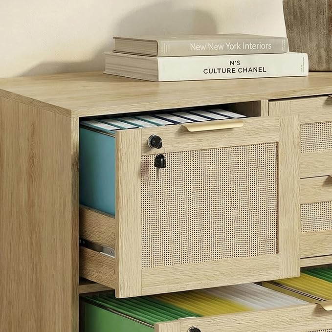 Lateral File Cabinets for Home Office, 4 Drawer Filing Cabinet with Lock, Wide Rattan Filing Organization Storage Cabinets with Printer Stand for Hanging Files/Letter/Legal/A4/F4 Size, Natural Wood