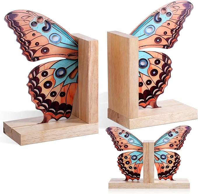 Decorative Butterfly Bookends Wooden Acrylic Butterflys Bookend Modern Bookshelf Decor Accent Book Stopper Decor for Home Farmhouse Shelves Office Lover Gift(Junonia Almana Butterfly)
