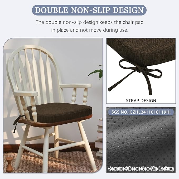 baibu Kitchen Chair Cushions, Dual-Layer Patented Design Molded Memory Foam Dining Chair Pads with Ties and Washable Cover, 17" x 16" x 2", Dark Brown