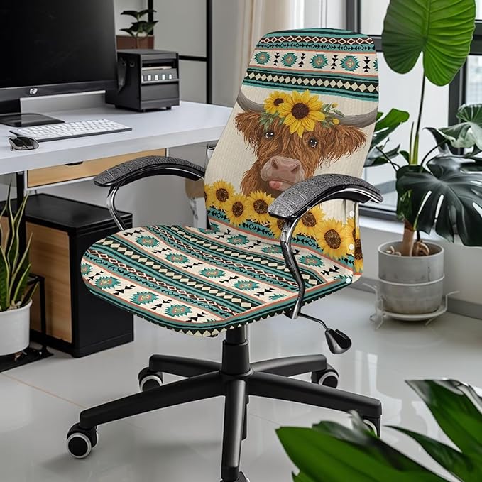 Talayituse Highland Cattle Aztec Tribe Geometric Sunflower Print Office Chair Covers, Stretch Computer Chair Cover, Universal Boss Chair Covers Modern Simplism Style High Back Chair Slipcover, Large