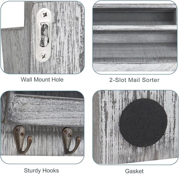 BTY Mail Sorter Wall Mounted, Wooden Mail Holder with 4 Key Hooks, 2 Slot Letter Bills Newspaper Magazine Organizer for Entryroom Hallway Office Garage, Gray White