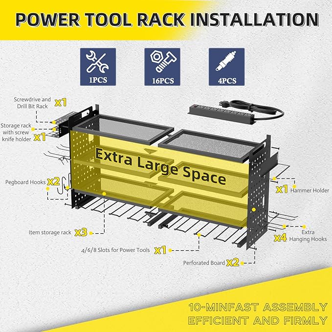 Power Tool Organizer Wall Mount with Charging Station, Drill Holder, Heavy Duty Storage Utility Racks, Supports 600 lbs,Battery Shelf for Garage and Workbench (16 Inch 4 Drills Holder)