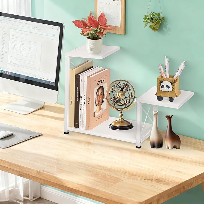 Desk Shelf Organizer, 3-Tier Wood Desk Bookshelf, Small Tabletop Book Shelf, Adjustable Display Rack for Office Decor and Desk Accessories, Rustic White