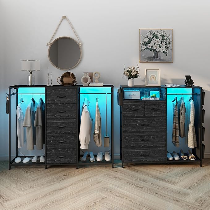 Espelism Dresser for Bedroom with Clothes Rack 5 Drawer Dresser with Charging Station LED Lights White Chest of Drawers Flexible Shelf and Open Storage Space for Bedroom Living Room (Charcoal Black)
