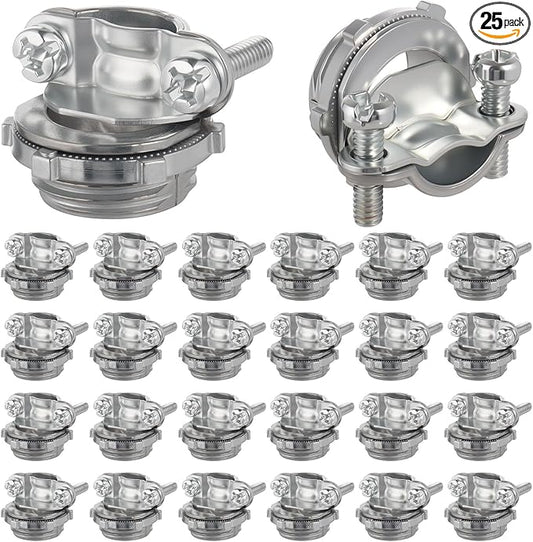 25 Pack 1/2 inch Clamp Type Cable Connectors, Zinc Alloy Wire Clamps for NM Cables, Electric Wires, Metallic Conduit, Electrical Box