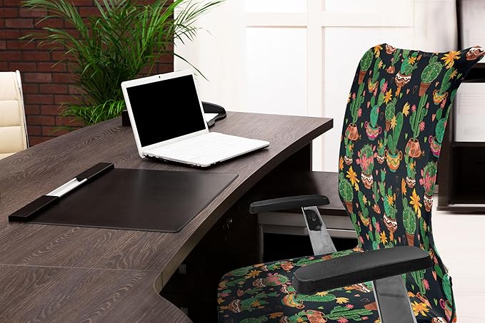 Ambesonne Cactus Print Office Chair Cover, Colorful Layout of Different Shapes of Cacti with Flowers, Stretchable Decorative Universal Size High Back Printed Slipcover, Black Grey
