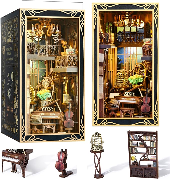 MiniCity DIY Book Nook Kit, Miniature Dollhouse Booknook Kit, 3D Wooden Puzzle Bookend Bookshelf Insert Decor with LED Light for Teens and Adults (Pianist with Nightingale)