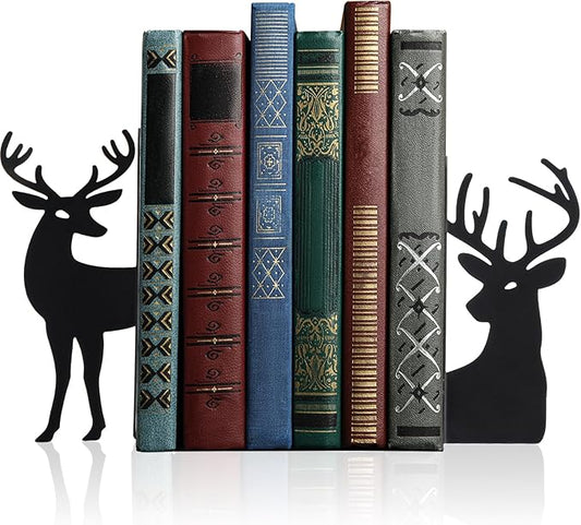 Geelin Reindeer Metal Bookends Set of 2 Black Reindeer Head Christmas Book Ends for Shelves Elk L Shaped Book Organizer for Desk Organizer Deer Lovers and Reading Enthusiasts