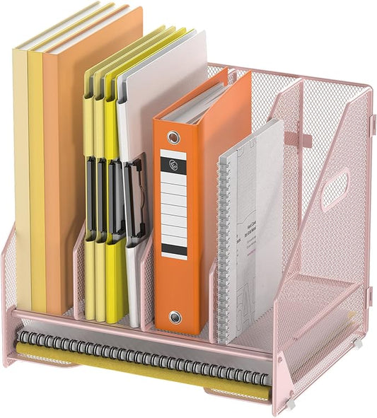 Docnest Desk File Holder Sorter, 4 Vertical Compartments Rack with Letter Tray, Mesh Magazine File Holder with Handle,Workspace Organizers,Desk Organizers for Paper, Mail, Documents-Pink
