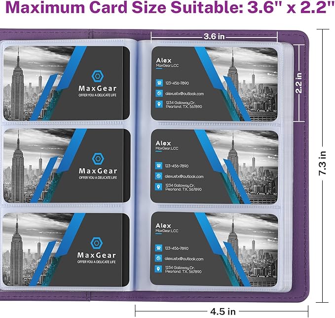 MaxGear Business Card Organizer Book, Holds 240 Cards, Portable PU Leather Business Card Holder with Clear Sleeves, Professional Card Binder for Office, Meetings, Networking, Purple