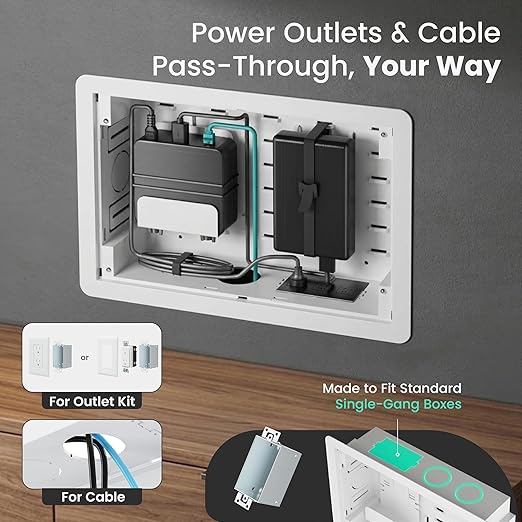ynVISION.DESIGN 9" Recessed in-Wall Media Box - Flush Mount AV Cable Management Box & Cord Hider with Adjustable Shelf, Cable Straps & Vented Cover - Compatible with Apple, Roku TV, Fire TV & More