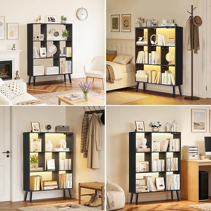 7-Cube Bookshelf with LED Lights, Touch & Remote Control, Freestanding Open Bookcase Storage Shelf, Dimmable Modern Wooden Display Organizer with Legs for Living Room, Bedroom, Office(Black)
