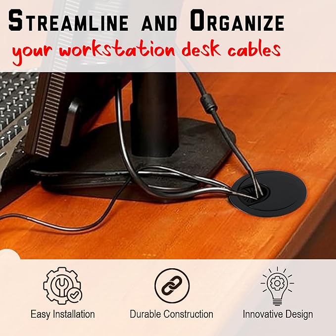 Signite 5 Pcs Plastic Desk Cable Grommet 2-1/2" –Durable Desk Hole Cover for Wire Management, Desks Cord Grommet for Workstations, Tables, Countertops 60mm Hole Cover for Home & Office Use - (Z-Black)