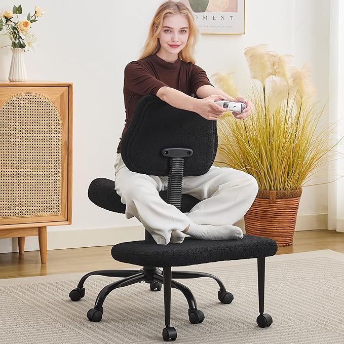 Ergonomic Criss Cross Legged Office Chair, ADHD Chair, Wide Height Adjustable Seat 360° Swivel Footstool with Wheels, PU Leather Meditation Kneeling Chair, for The Restless Home Workers, Black