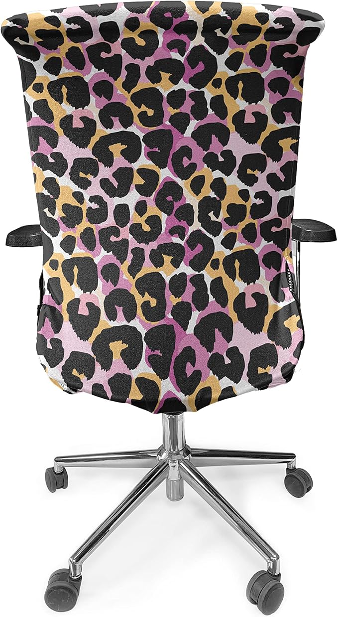 Ambesonne Leopard Print Office Chair Cover, Abstract Wild Exotic Animal Skin Pattern in Style with Vibrant Color, Stretchable Decorative Universal Size High Back Printed Slipcover, Pink Black