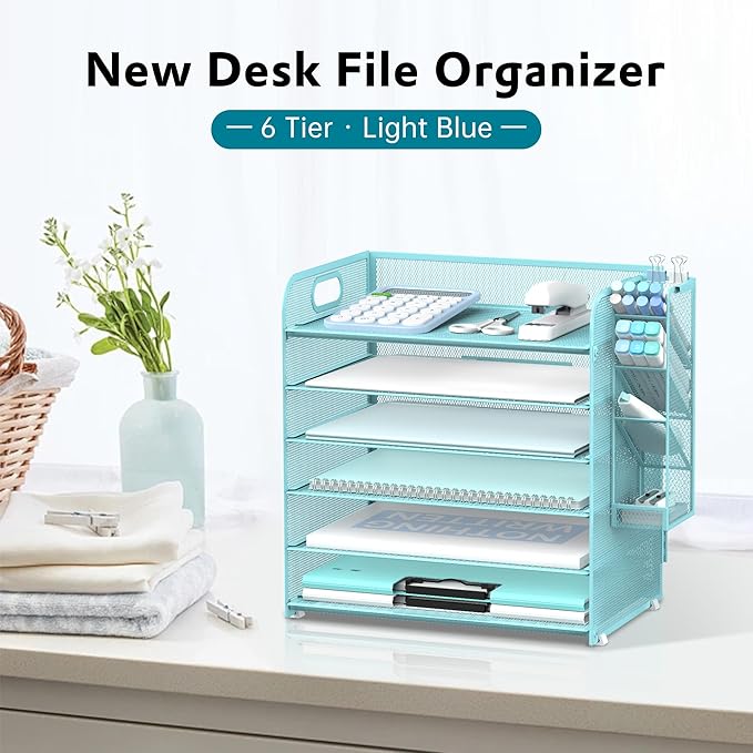 SUPEASY 6 Tier Paper Organizer with 4 Pen Holders, Mesh Letter Tray with Handle, A4 File Organizer, Blue