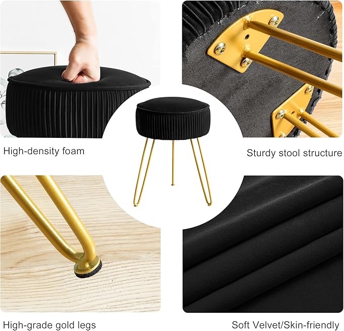 LUE BONA Pleated Vanity Stool, Velvet Upholstered Vanity Stool for Makeup Room, Ottoman Footrest with Metal Legs for Living Room, Bedroom, Black