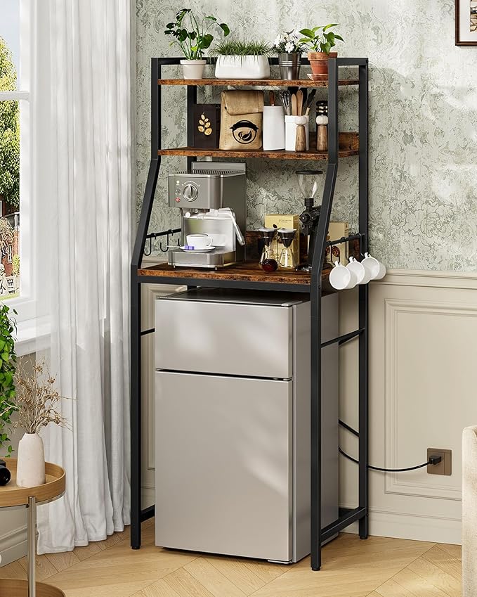 CHOEZON 4-Tier Bakers Rack with Mini Fridge Stand, Coffee Bar Station, Microwave Stand with Charging Station, Kitchen Storage Rack with 6 Hooks, for Kitchen, Dining Room, Rustic Brown THB03UBF