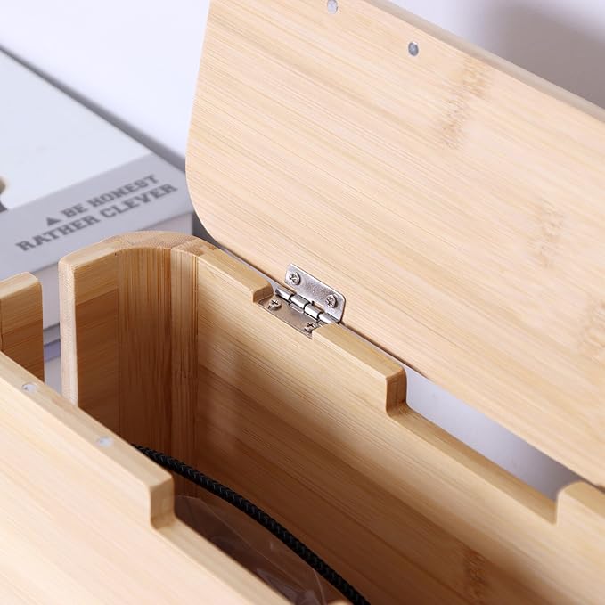 Relaxdays Cable Box for Power Strip, Bamboo, Magnetic Lid, HBT 14.5 x 34 x 11 cm, Hide Cables, Socket Box, Natural