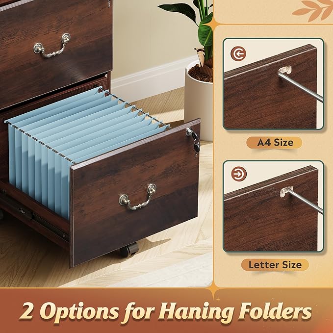 DEVAISE File Cabinet 2-Drawer, Small Office Furniture with Lock, Rolling Under Desk Filing Cabinet for Home Office, Brown Oak