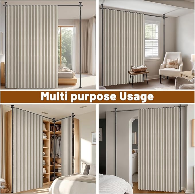 AJAZZ Room Divider Curtain (Cream White, W100 x L84 in,1 Panel)+ Curtain Rods No Drilling Adjustable Tension (H) 43-120×(W) 35-100 in, Heavy Duty Wall Divider for Apartment/Dorm