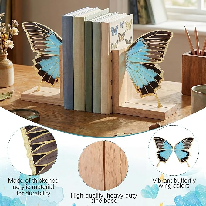 Decorative Butterfly Bookends Wooden Acrylic Butterflys Bookend Modern Bookshelf Decor Accent Book Stopper Decor for Home Farmhouse Shelves Office Lover Gift(Blue Butterfly)