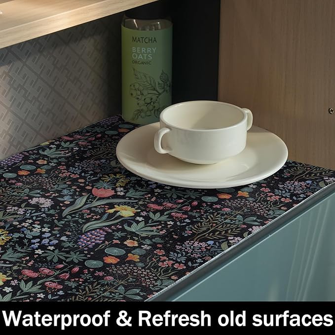 Shelf Drawer Liners, Non Adhesive and Strong Non-Slip Floral Colorful Cabinet Drawer Shelf Liners for Kitchen Wire Fridge, Waterproof Cabinet Liner,Easy to Clean,Black,12IN x 10FT