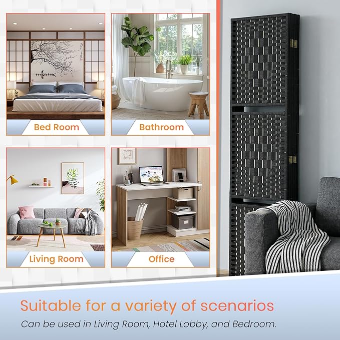 FDW 6 Panel Wood Room Divider - Foldable & Flexible Freestanding Screen, Easy Storage Partition Wall for Home Living Room, Dark Black