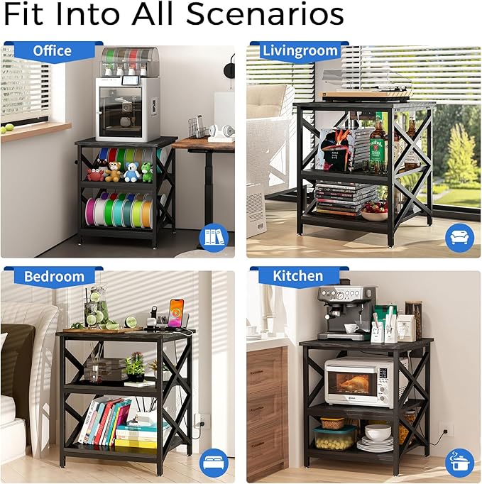 METYERRY Large Printer Stand with Power Outlet, with Height Adjustable Storage Shelf, 3 Tier Rolling Printer Cart with Industrial Wheels, 23.6 x 23.6 Inches Printer Table for Home Office,Black