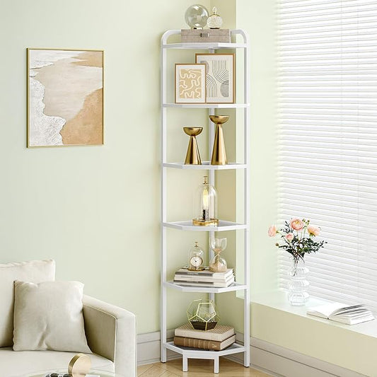 Hzuaneri Corner Shelf Stand,6-Tier Glass Bookshelf Bookcase, Bathroom Organizer, Plant Stand, Steel Frame, Tempered Glass, Modern Style for Living Room, Bathroom, Kitchen, White CS90613W
