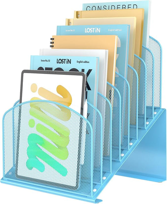 Inclined Desk File Organizer Metal Desk Magazine Folder Holder with 8-Section Vertical Compartments Rack File Organizer for Office, Home, School, Blue