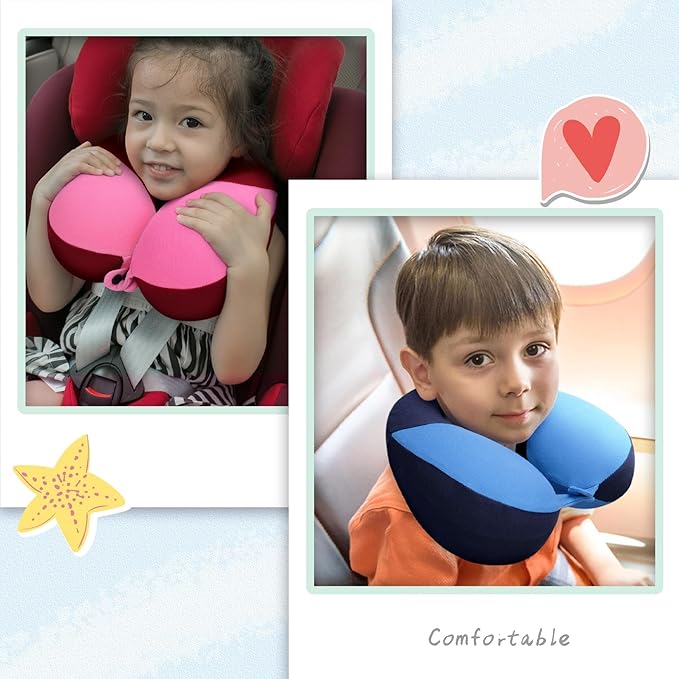COOLBEBE Kids Travel Neck Pillow 2PCS Softly Headrest Travel Pillow for Car & Airplane, Traveling Gifts for Toddler & Children (Blue & Pink)