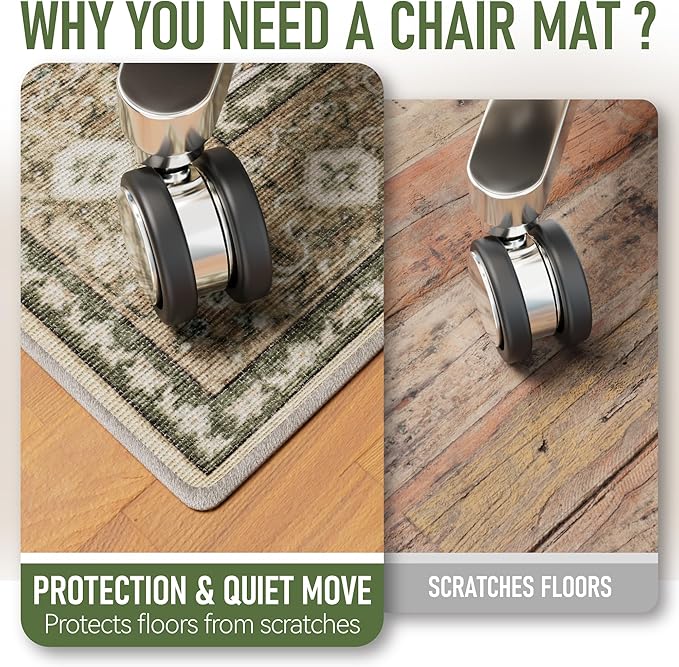 48"x60" Office Chair Mat for Hardwood, Under Desk Chair Mat for Home Office, Anti-Slip Office Rugs for Rolling Chairs, Floor Protector Washable Rugs Olive Green