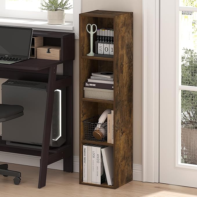 Furinno Fulda Book Shelf, 4-Tier Narrow Bookshelf, Standing Bookcase with 10-in Width Storage Shelf, 9.3 x 9.8 x 41.6, for Organization and Storage, for Living Room, Bedroom, Home Office, Amber Pine