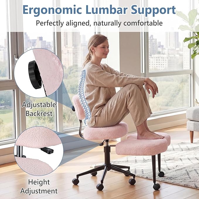 DUMOS Ergonomic ADHD Cross Legged Office Desk Chair with Adjustable Backrest, Height Adjustable Meditation Chair with 360° Swivel Footstool, Teddy Fabric Yoga Stool for Home Office, Pink