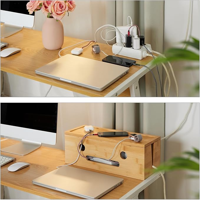Relaxdays Cable Box for 2 Power Strips, Bamboo, H x W x D: 15.5 x 42 x 16 cm, Hide Cables, Socket Box, Natural