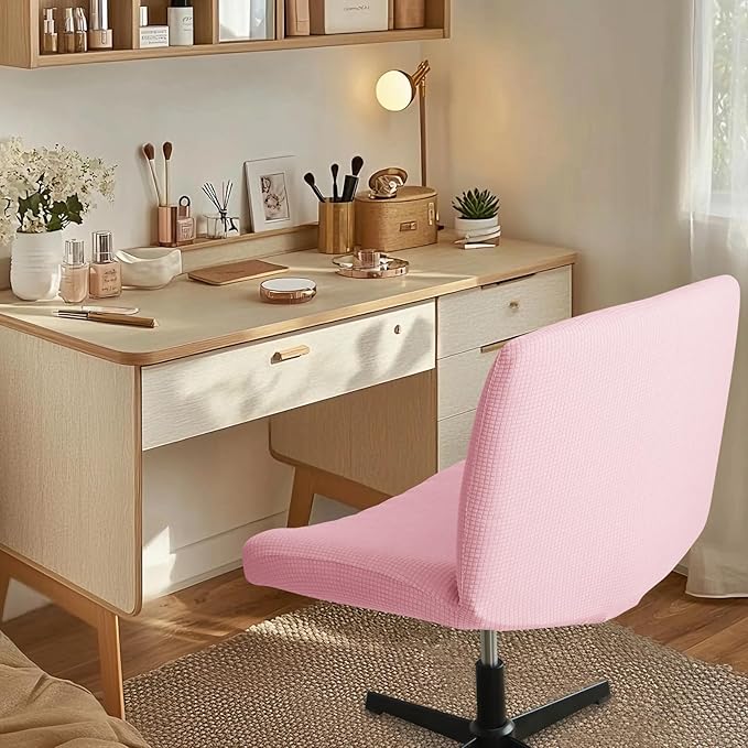 Criss Cross Chair Cover Pink Armless Wide Back Chair Cover Water Resistant Stretchable Slipcover for Mid Back Wide Seat Desk and Vanity Chairs Washable
