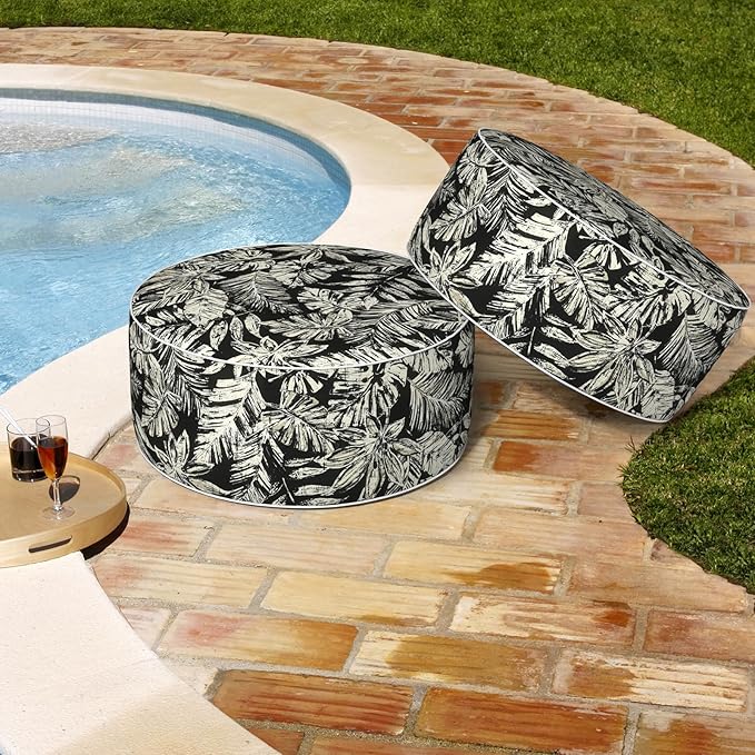 Outdoor Patio Inflatable Ottoman, 21x9 Inch Portable Stool Ottoman with Handle, Round Footrest Stool for Home Garden Camping, Tropical Leaf Black